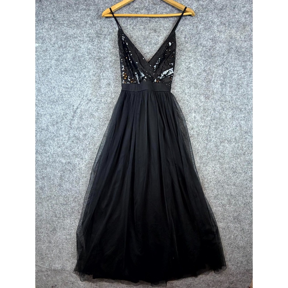 Blashe Maxi Dress Womens Small Black Sequin‎ Dark Fairy Whimsy Goth Plunge Neck